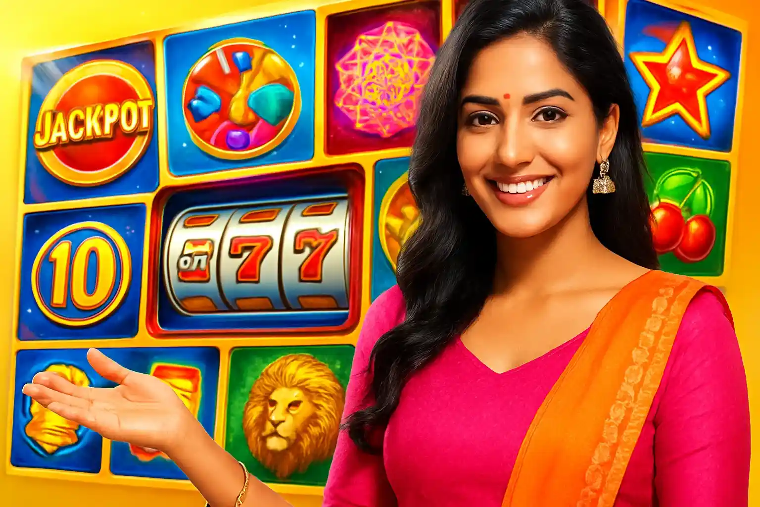 Hyperrealistic banner with Indian woman and colorful slot game collage