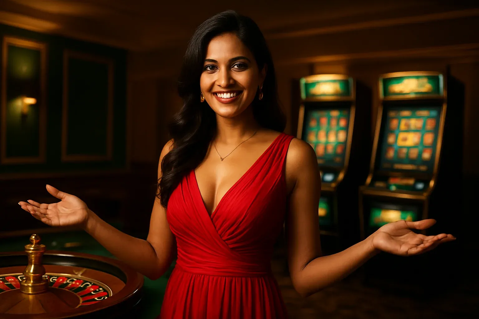 Beautiful Indian woman in red dress standing near roulette and slot machines in bright casino interior